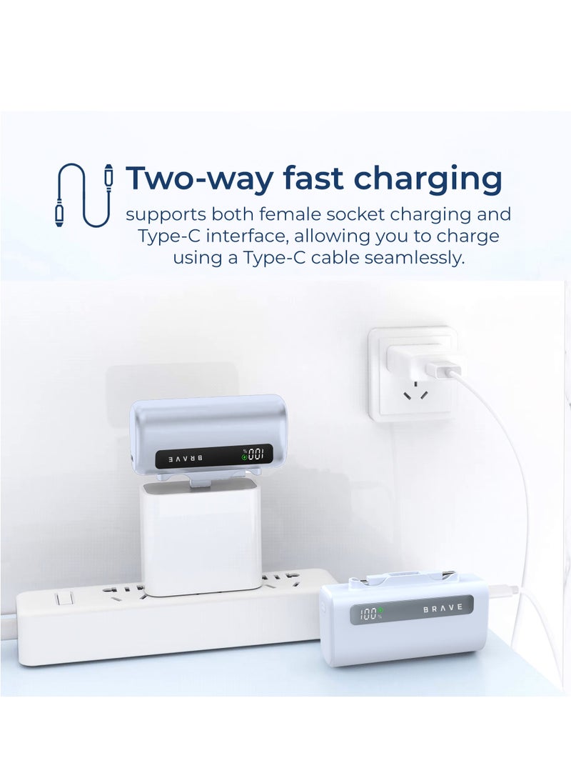 Brave - Ultra-Small Power Bank 5000mAh, 22.5W USB-C Fast Charging, Portable Charger with Built-in Type-C and Lightning Connectors, LED Display, Compatible with iPhone 16, 15, 14, 13, 12, Samsung Galaxy 25, 24, 23, 22, iPad, AirPods Pro, and Other Android Devices (Blue) - Image 1