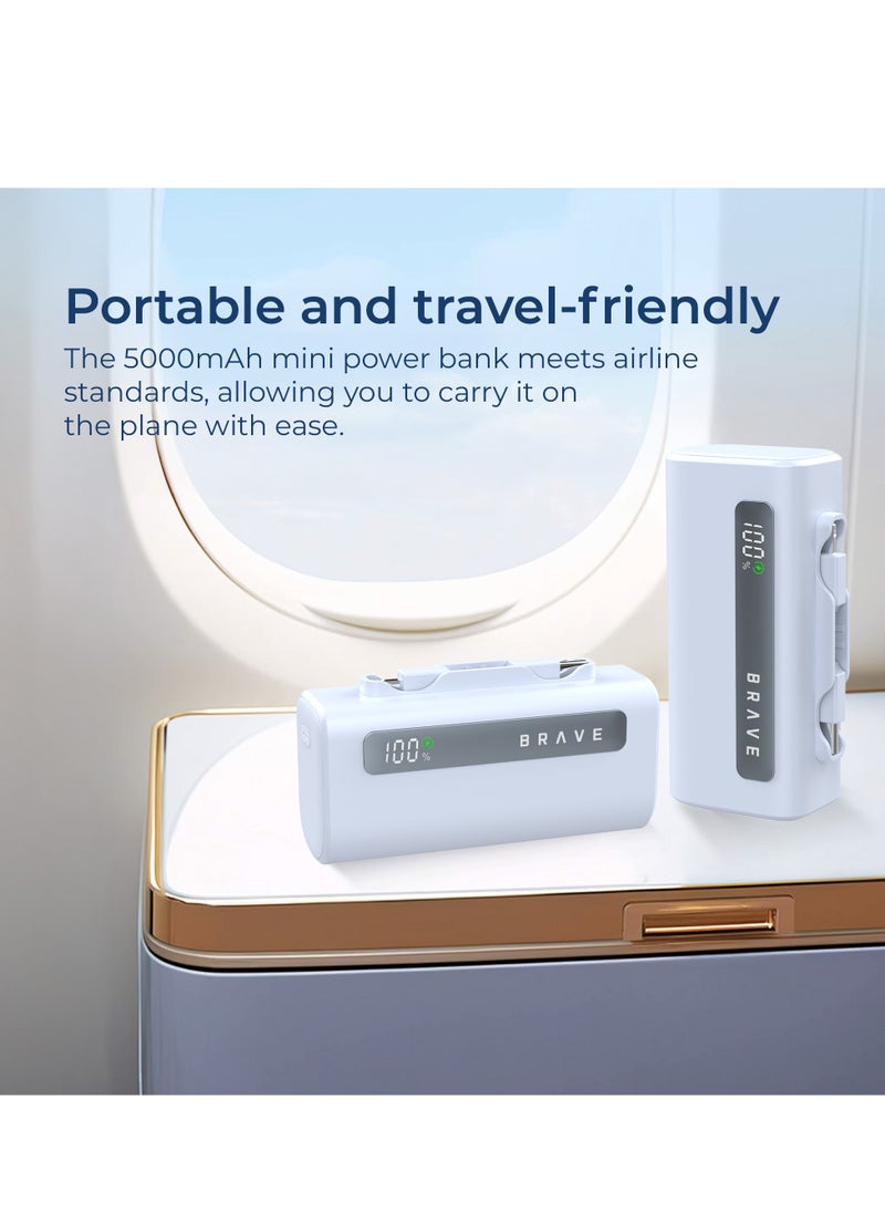 Brave - Ultra-Small Power Bank 5000mAh, 22.5W USB-C Fast Charging, Portable Charger with Built-in Type-C and Lightning Connectors, LED Display, Compatible with iPhone 16, 15, 14, 13, 12, Samsung Galaxy 25, 24, 23, 22, iPad, AirPods Pro, and Other Android Devices (Blue) - Image 1