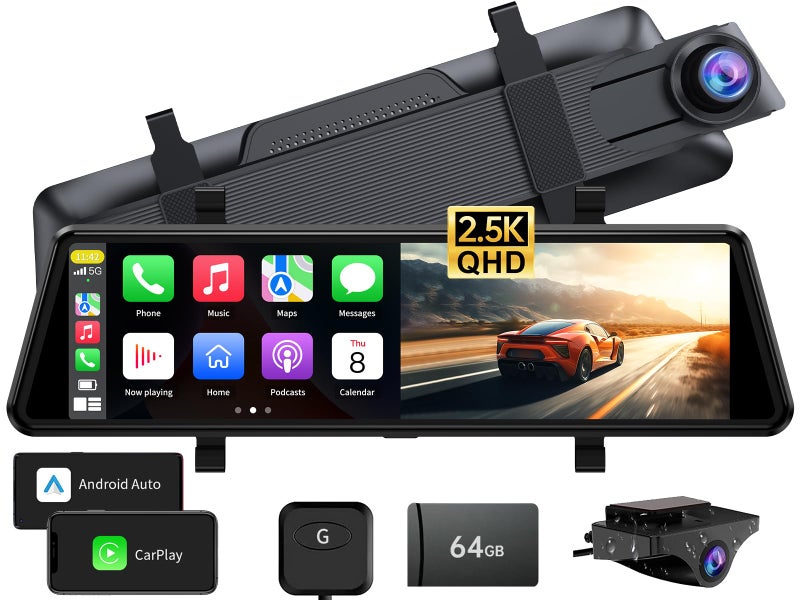 JOMISE C810 CarPlay Mirror Dash Cam Front and Rear - 2.5K Rear View Mirror Camera, HDR Night Vision, FM/Wireless Audio, DIY 10-Min Install, Extreme Temp Resistant for Snowbelt & Vintage Cars - Image 1