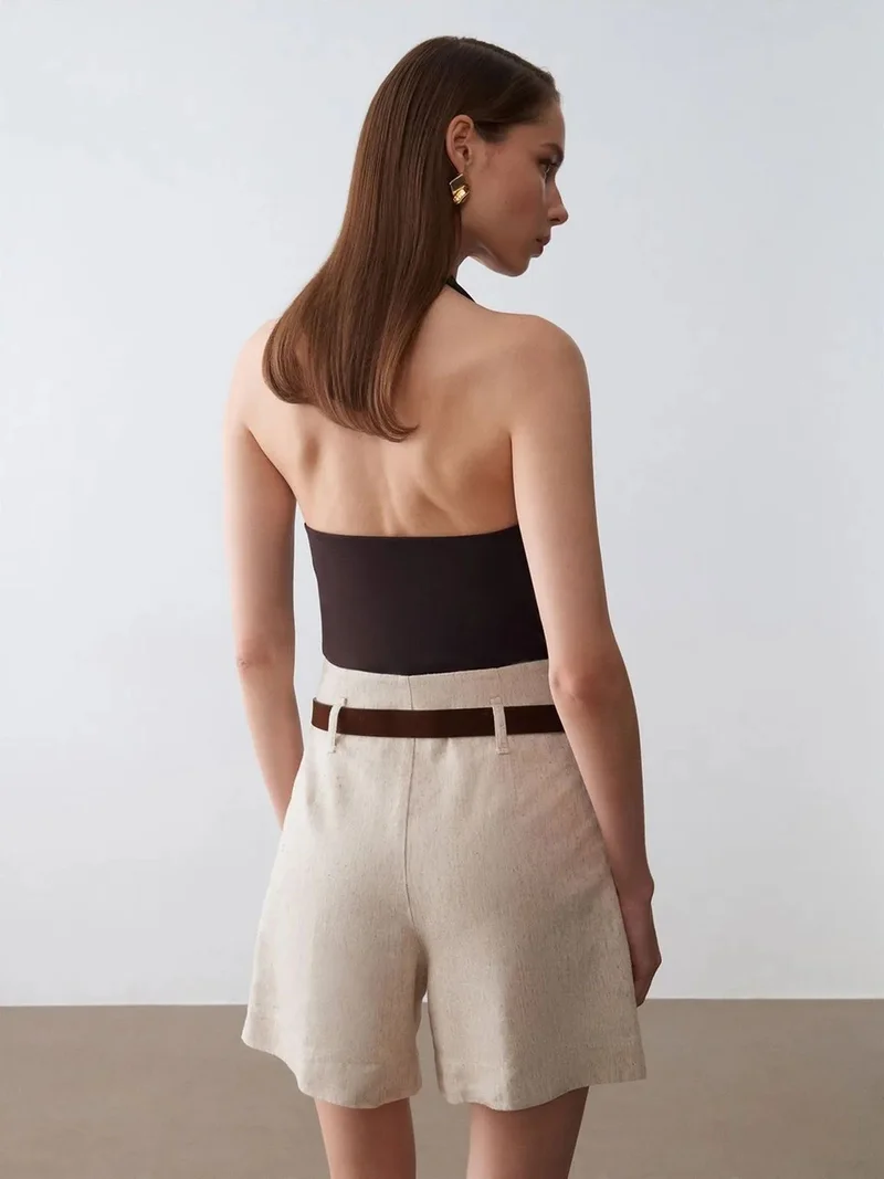 ديلفين Dilvin High-Waist Belted Wide-Leg Tailored Shorts