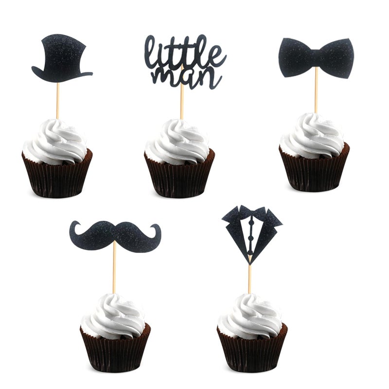 Arthsdite Pack of 40 Pre-Assembled Black Glitter Little Man Mini Beard Bowtie Hat Suit Cupcake Toppers for Boy Birthday Party Decorations - Image 1