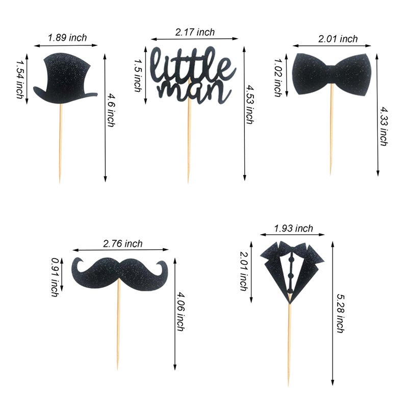 Arthsdite Pack of 40 Pre-Assembled Black Glitter Little Man Mini Beard Bowtie Hat Suit Cupcake Toppers for Boy Birthday Party Decorations - Image 2