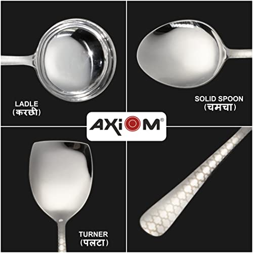 AXIOM Stainless Steel Serving Tools. Designer 6 Pc Heavy Gauge Non-Stick Set of 2 Soup Ladle (Karchi), 2 Solid Spoon (Chamcha) and 2 Rice Spoon for Serving Soup/Curry/dal/Rice/Pasta. Laser Printed Neo - Image 3