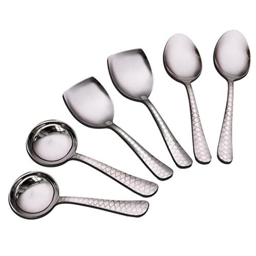 AXIOM Stainless Steel Serving Tools. Designer 6 Pc Heavy Gauge Non-Stick Set of 2 Soup Ladle (Karchi), 2 Solid Spoon (Chamcha) and 2 Rice Spoon for Serving Soup/Curry/dal/Rice/Pasta. Laser Printed Neo - Image 1