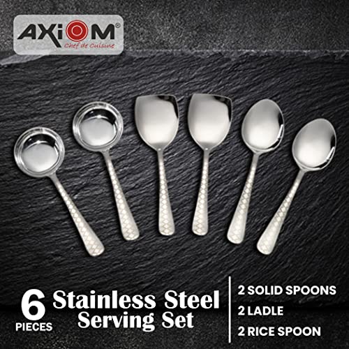 AXIOM Stainless Steel Serving Tools. Designer 6 Pc Heavy Gauge Non-Stick Set of 2 Soup Ladle (Karchi), 2 Solid Spoon (Chamcha) and 2 Rice Spoon for Serving Soup/Curry/dal/Rice/Pasta. Laser Printed Neo - Image 2