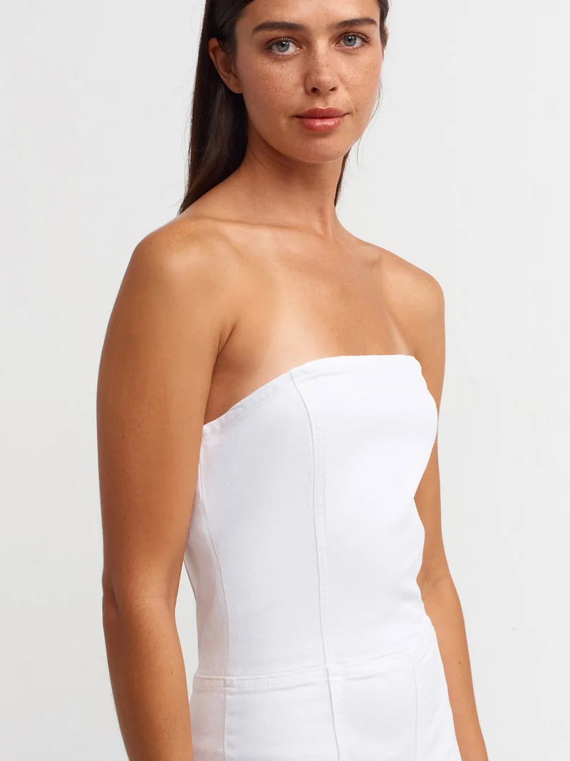 ديلفين 71314 Strapless White Flare Denim Jumpsuit White