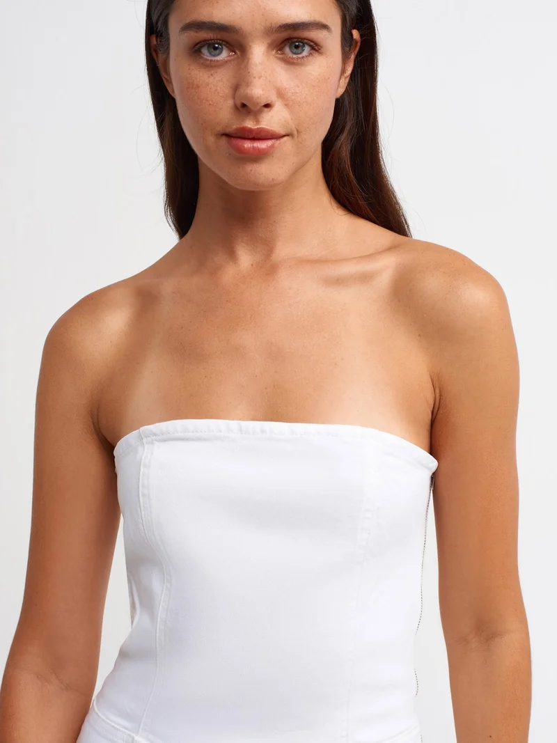 ديلفين 71314 Strapless White Flare Denim Jumpsuit White