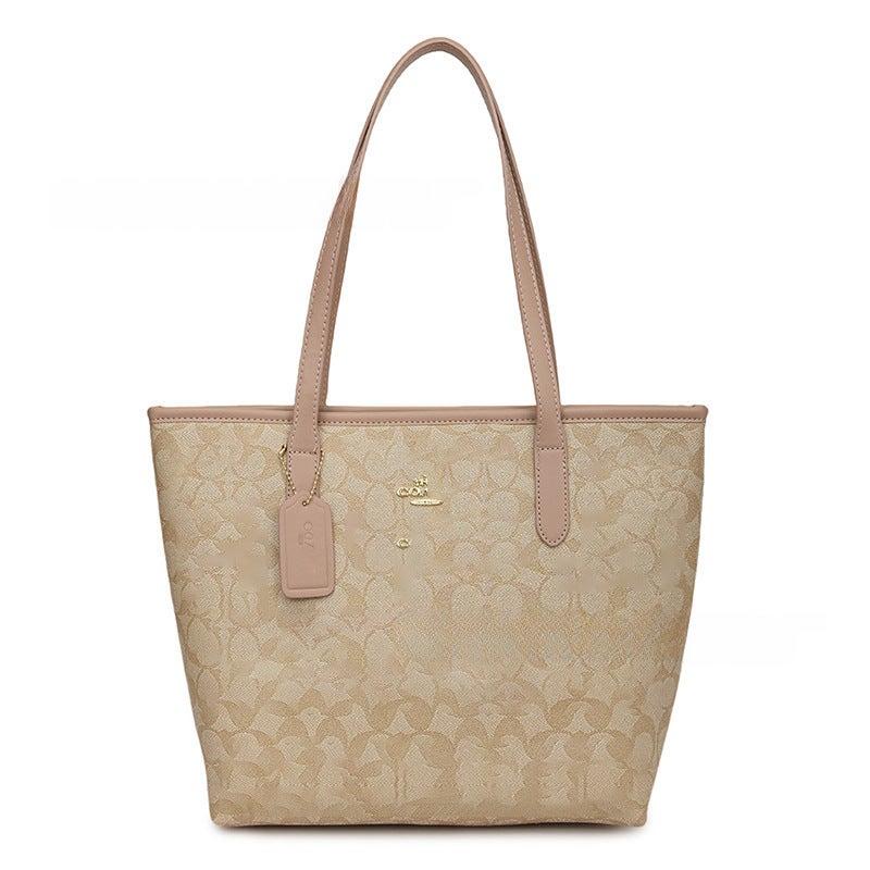 Fashion Retro Tote Shoulder Bag Large Capacity Letter Print Khaki 