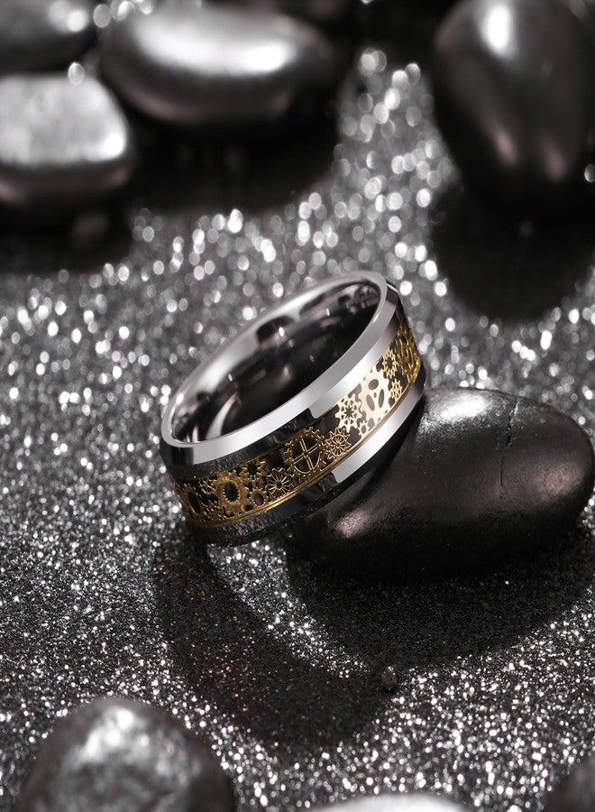 King Will Mens 8mm Silver Tungsten Rings for Men Steampunk Gold Gearwheel Inlay Vintage Gentlemen Wedding Band Polished Bevelved Edges Comfort Fit Size 7 - Image 5