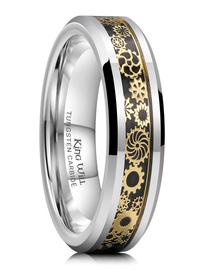 King Will Mens 8mm Silver Tungsten Rings for Men Steampunk Gold Gearwheel Inlay Vintage Gentlemen Wedding Band Polished Bevelved Edges Comfort Fit Size 7 - Image 1
