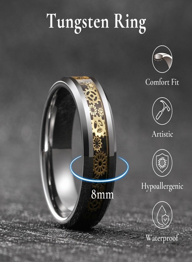 King Will Mens 8mm Silver Tungsten Rings for Men Steampunk Gold Gearwheel Inlay Vintage Gentlemen Wedding Band Polished Bevelved Edges Comfort Fit Size 7 - Image 2
