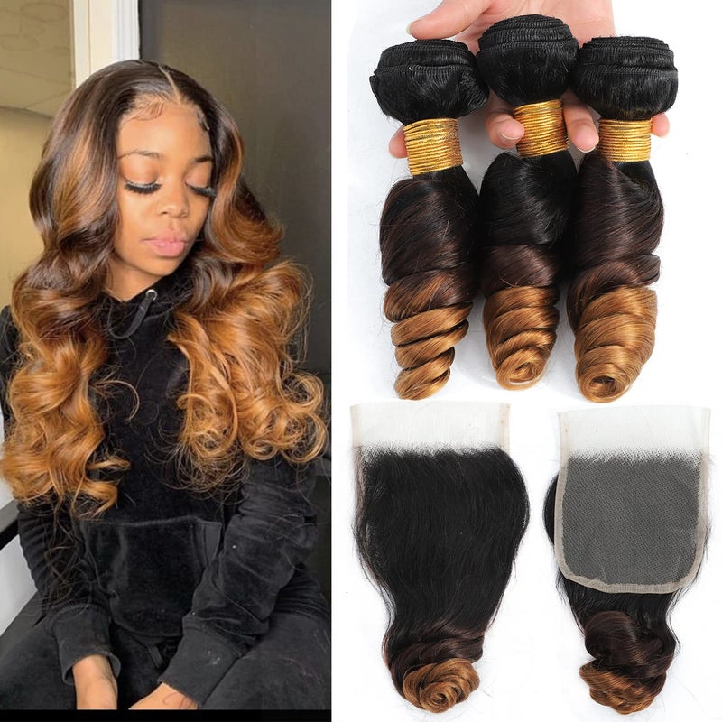 Dream Diana Ombre Bundles With Closure Loose Wave 9A grade Colored Malaysia Human Hair Bundles With Closure Weave 100 Virgin hair Ombre Loose Wave 3 Bundles and 4x4 Lace Closure Ombre T1B430 Color10 12 1410 closure