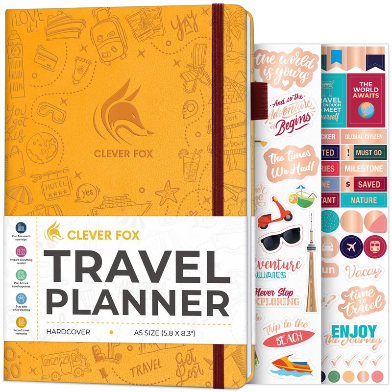 Clever Fox Travel Journal â€“ Vacation & Trip Organizer with Budget Plan, Packing List, Travelling Expense Tracker, A5 (Amber Yellow) - Image 1