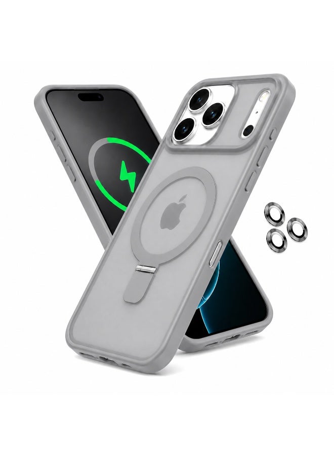 Magnetic Ring Stand Case for iPhone 17 Pro 6.3", Matte Semi-Transparent Shockproof Cover with 3 Camera Lens Protectors, Gray - Image 1