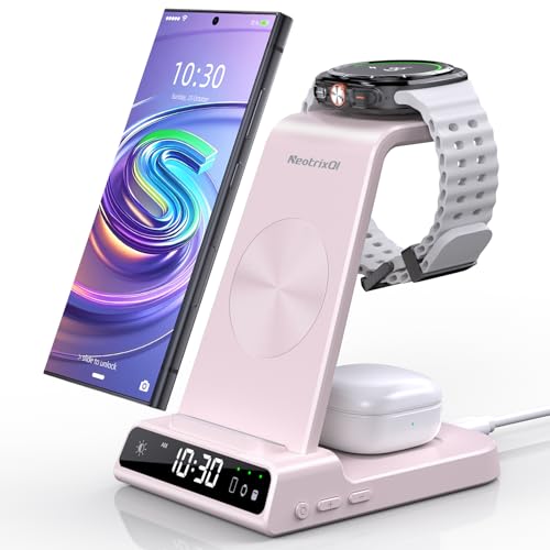 NeotrixQI Wireless Charger for Samsung Charging Station 3 in 1 Android Charging Stand with Dimmable Clock Nightstand Organizer for Galaxy S25 Ultra Galaxy Watch 8 7 6 5 4 Galaxy Buds Not for iWatch - Image 1