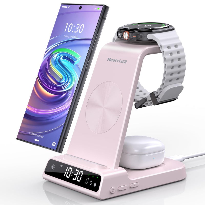 NeotrixQI Wireless Charger for Samsung Charging Station 3 in 1 Android Charging Stand with Dimmable Clock Nightstand Organizer for Galaxy S25 Ultra Galaxy Watch 8 7 6 5 4 Galaxy Buds Not for iWatch - Image 2