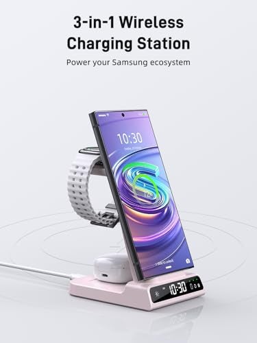 NeotrixQI Wireless Charger for Samsung Charging Station 3 in 1 Android Charging Stand with Dimmable Clock Nightstand Organizer for Galaxy S25 Ultra Galaxy Watch 8 7 6 5 4 Galaxy Buds Not for iWatch - Image 3