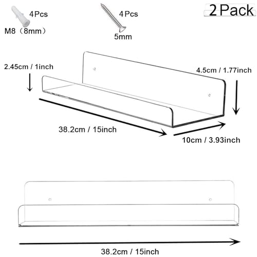 Cerpourt Acrylic Floating Wall Ledge Shelf, Clear Bathroom Storage Shelves Display,Acrylic 15" Invisible Bookshelf (2pack) - Image 2
