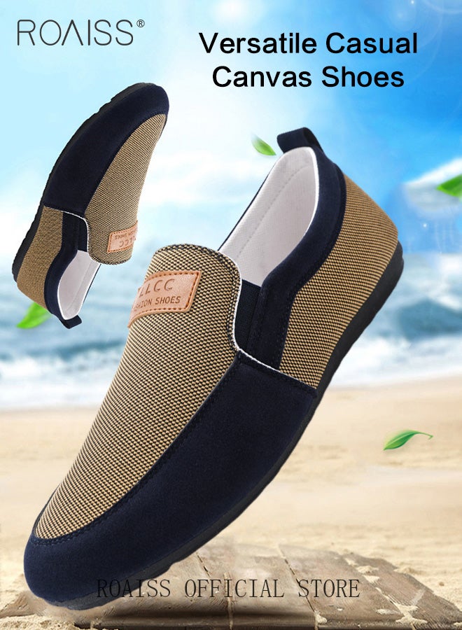 roaiss Men's Slip On Round Toe Canvas Shoes, Breathable and Lightweight, Non-slip and Wear-Resistant Work Shoes, Versatile Casual Flat Loafers  Khaki - Image 1
