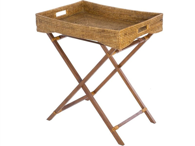 Kouboo KOUBOO La Jolla Rattan Butler Tray with Folding Wood Stand Ottoman Coffee Table Trays Serving Food Eating Drink Breakfast Bed Room Home Decor Honey Brown 