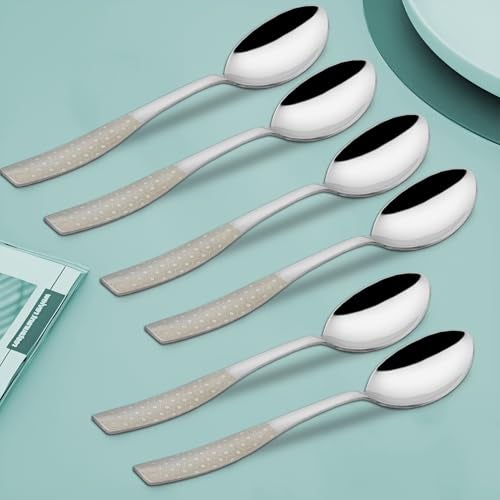 Parage 6 Pieces Stainless Steel Premium Table Spoon Set for Home & Kitchen, 18.5 cm Long, Luxury Dining Tableware Laser Chammach Set Gift, Silver, Dazzle Design - Image 1