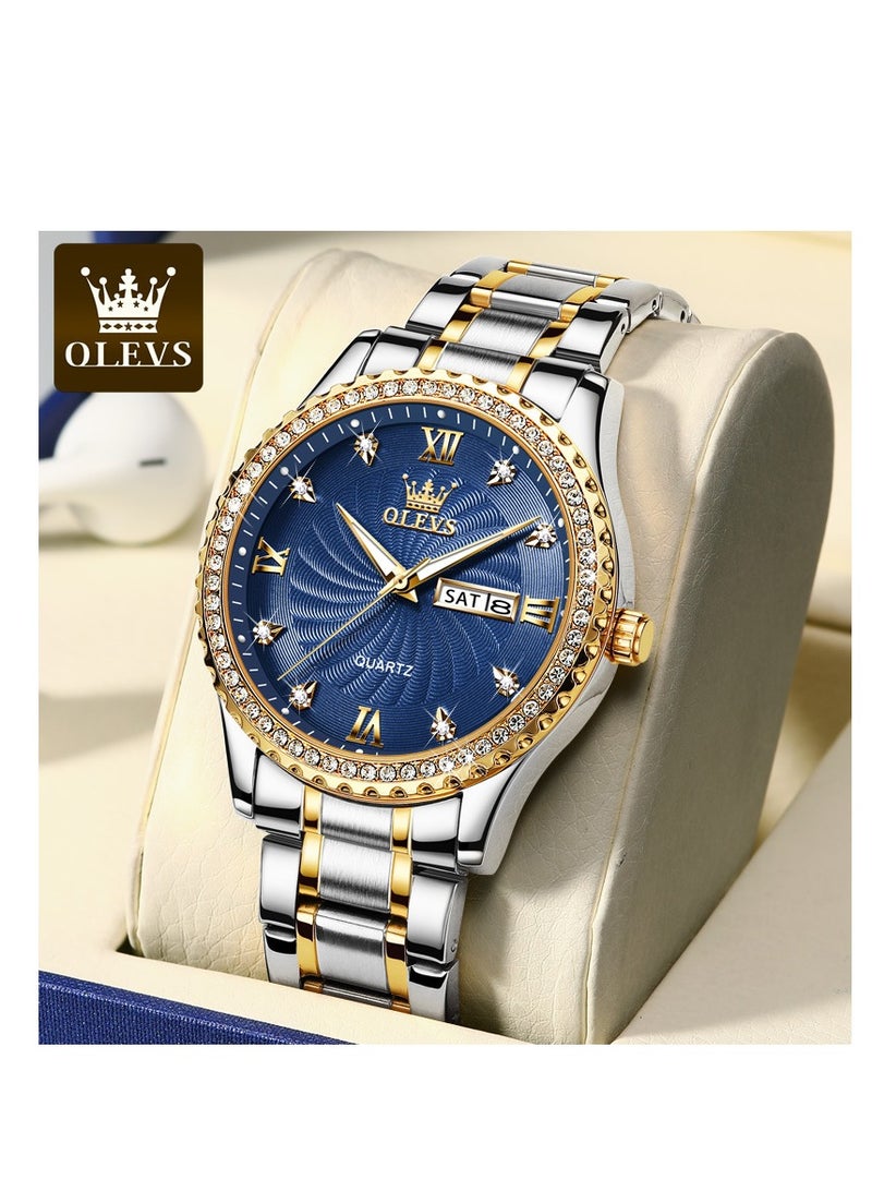 أوليفز ساعة يد كوارتز رجالية من OLEVS مع سوار من الفولاذ المقاوم للصدأ، ساعات كلاسيكية مقاومة للماء، ساعة يد فاخرة من الألماس ونافذة التاريخ - Image 1