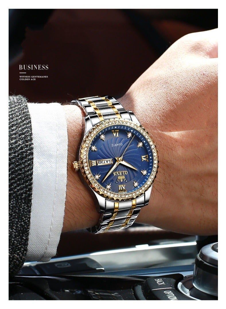 أوليفز ساعة يد كوارتز رجالية من OLEVS مع سوار من الفولاذ المقاوم للصدأ، ساعات كلاسيكية مقاومة للماء، ساعة يد فاخرة من الألماس ونافذة التاريخ - Image 3