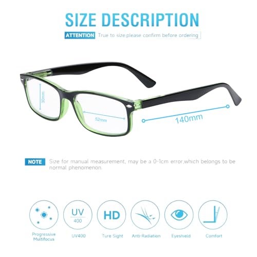 AEC Style7 Progressive Reading Glasses | Full Rim Rectangular Fibre Frame | Medium Size | Powers +1.00 to +3.00 | Far, Intermediate & Near Vision | Includes Hard Case & Cleaning Cloth (Green, +3.00) - Image 3