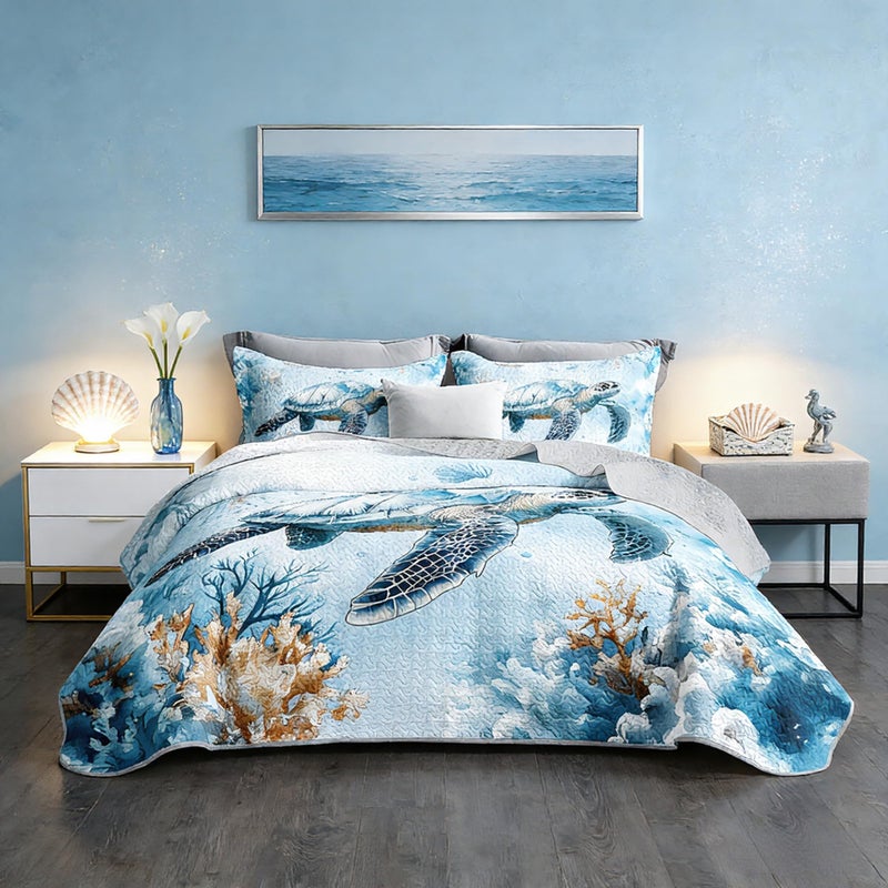 UEVBF Coastal Bedding Quilt Sets King Size,Summer Blue Sea Turtles Jellyfish Nautical Bedding Quilt with 2 Pillowcases,Beach Themed Soft Lightweight Quilted Set. - Image 1