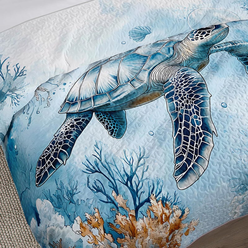 UEVBF Coastal Bedding Quilt Sets King Size,Summer Blue Sea Turtles Jellyfish Nautical Bedding Quilt with 2 Pillowcases,Beach Themed Soft Lightweight Quilted Set. - Image 4