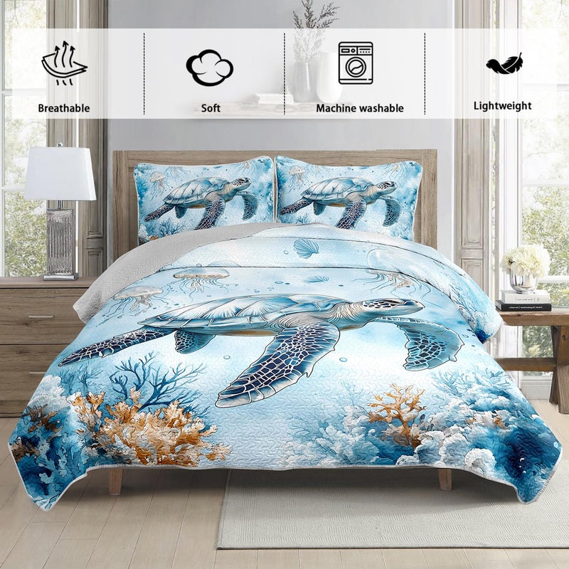 UEVBF Coastal Bedding Quilt Sets King Size,Summer Blue Sea Turtles Jellyfish Nautical Bedding Quilt with 2 Pillowcases,Beach Themed Soft Lightweight Quilted Set. - Image 3