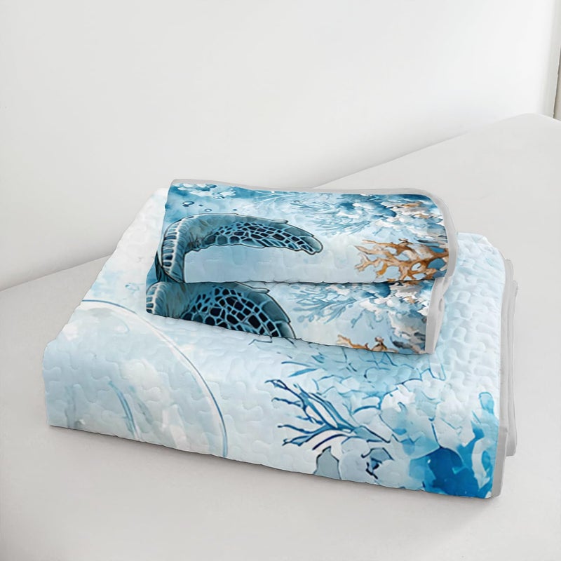 UEVBF Coastal Bedding Quilt Sets King Size,Summer Blue Sea Turtles Jellyfish Nautical Bedding Quilt with 2 Pillowcases,Beach Themed Soft Lightweight Quilted Set. - Image 5