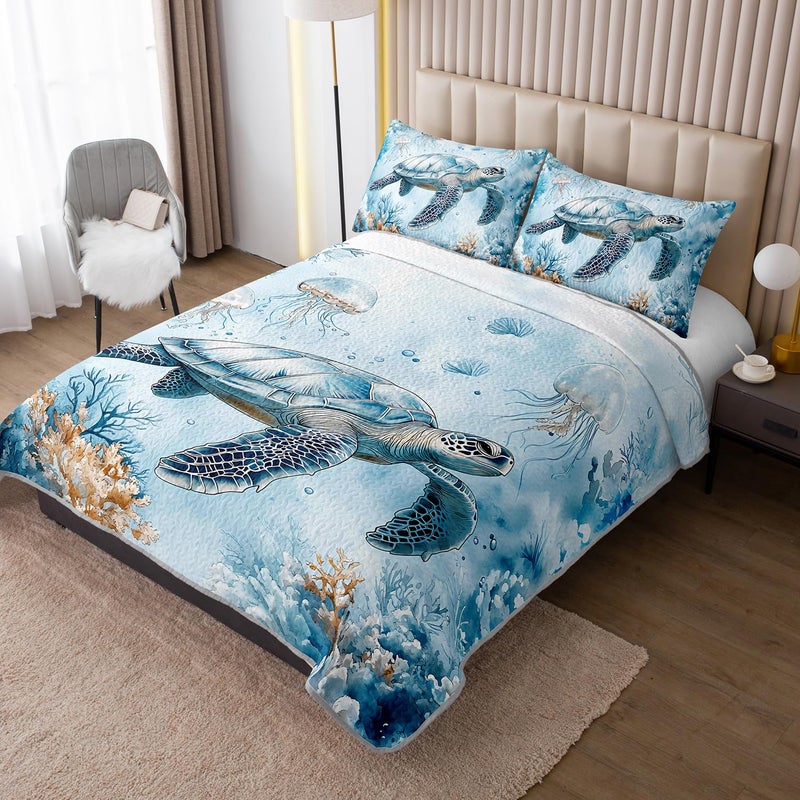 UEVBF Coastal Bedding Quilt Sets King Size,Summer Blue Sea Turtles Jellyfish Nautical Bedding Quilt with 2 Pillowcases,Beach Themed Soft Lightweight Quilted Set. - Image 2