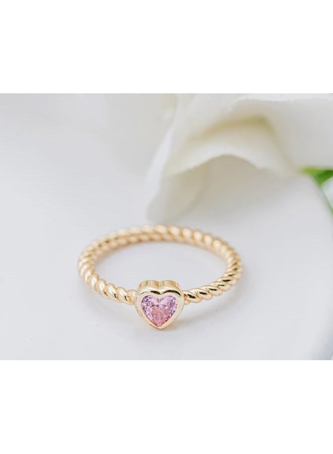 Precious Pieces خاتم أطفال مزين بذهب عيار 14 قيراط فوق فضة استرلينية عيار .925 مع حبل ملتوي وحجر ميلاد على شكل قلب من CZ للأطفال، الرضع، الصغار، الفتيات الصغيرات، خاتم قابل للتكديس أو خاتم للخنصر للمراهقين والنساء - Image 4