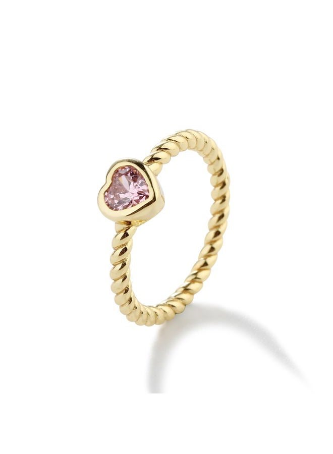 Precious Pieces خاتم أطفال مزين بذهب عيار 14 قيراط فوق فضة استرلينية عيار .925 مع حبل ملتوي وحجر ميلاد على شكل قلب من CZ للأطفال، الرضع، الصغار، الفتيات الصغيرات، خاتم قابل للتكديس أو خاتم للخنصر للمراهقين والنساء - Image 2