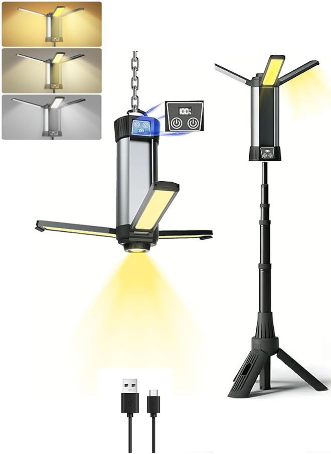 رات سو مصباح عمل LED قابل للتدوير 3 صفحات مع قاعدة، ضوء تخييم قابل لإعادة الشحن 6000mAh للإصلاحات في السيارات وورش العمل  - Image 1