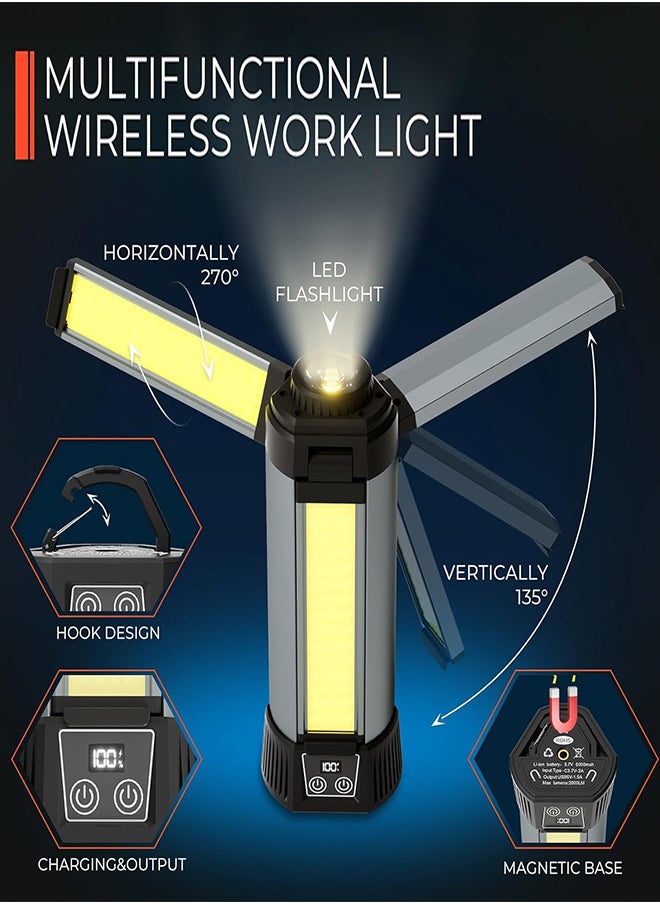 رات سو مصباح عمل LED قابل للتدوير 3 صفحات مع قاعدة، ضوء تخييم قابل لإعادة الشحن 6000mAh للإصلاحات في السيارات وورش العمل  - Image 3