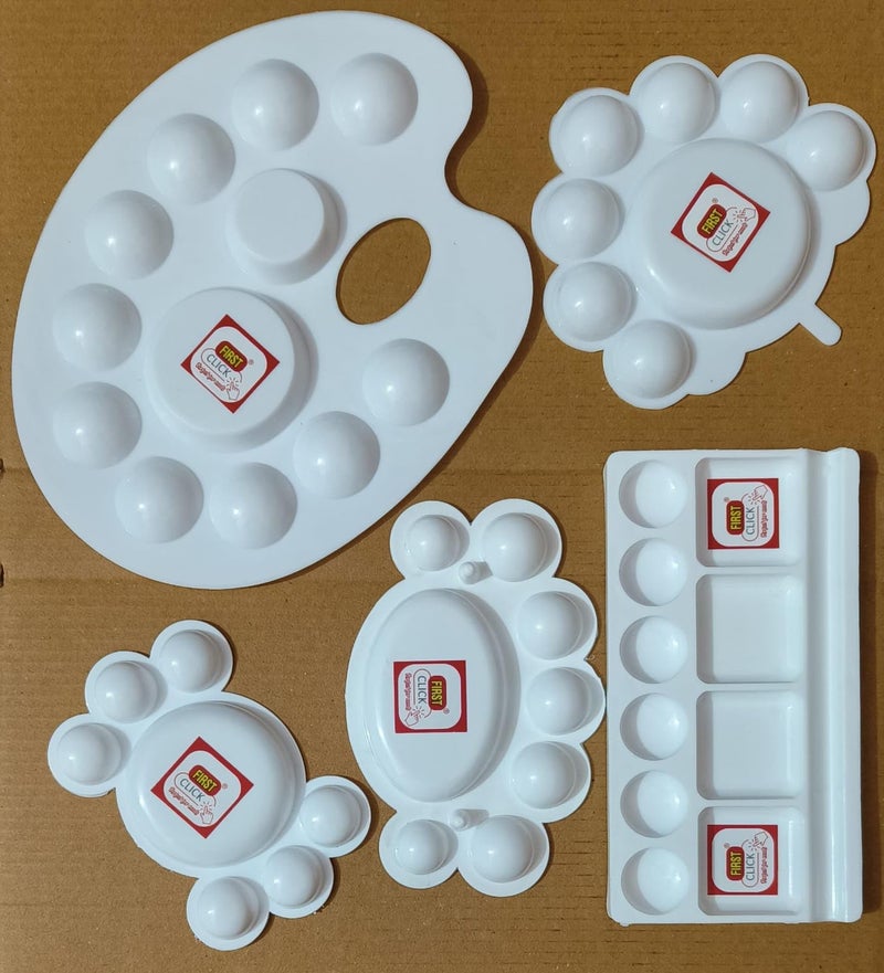 FIRST CLICK Painting Palettes for Art 301 no. 22X17 cm, Flower Shaped 14X9.5 cm, Mini 12X7.5 cm, Medium Rectangle Shaped16X9 cm, Oval Shaped 14X9.5 Set of 5 pc Pure White Plastic - Image 3