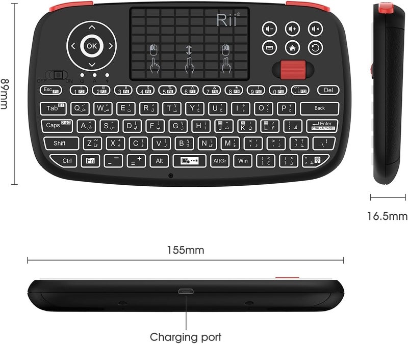 RII [Arabic layout]Rii i4 Mini Bluetooth Keyboard with Touchpad, Blacklit Portable Wireless Keyboard with 2.4G USB Dongle for Smartphones, PC.Black - Image 2