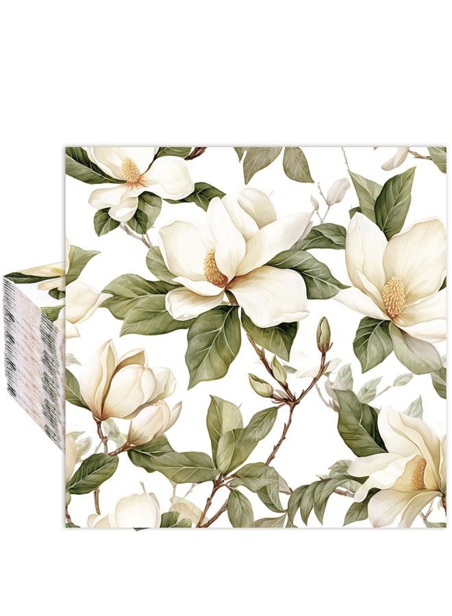 Whaline 80Pcs Magnolia Paper Napkins White Floral Luncheon Napkin Watercolor Spring Flower Blossom Disposable Dessert Dinner Hand Napkin for Wedding Birthday Bridal Baby Shower Party Supplies - Image 1