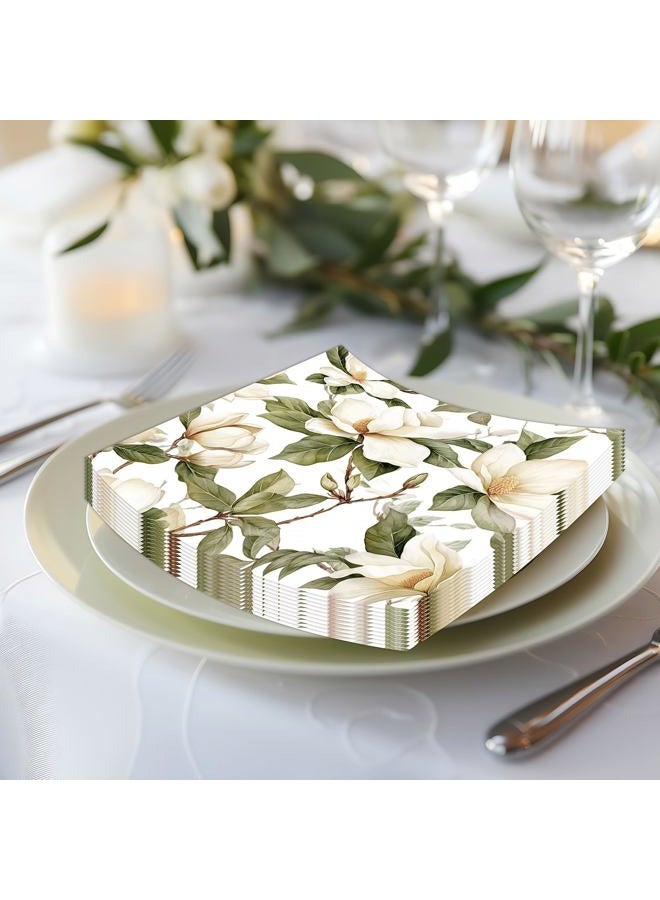 Whaline 80Pcs Magnolia Paper Napkins White Floral Luncheon Napkin Watercolor Spring Flower Blossom Disposable Dessert Dinner Hand Napkin for Wedding Birthday Bridal Baby Shower Party Supplies - Image 5