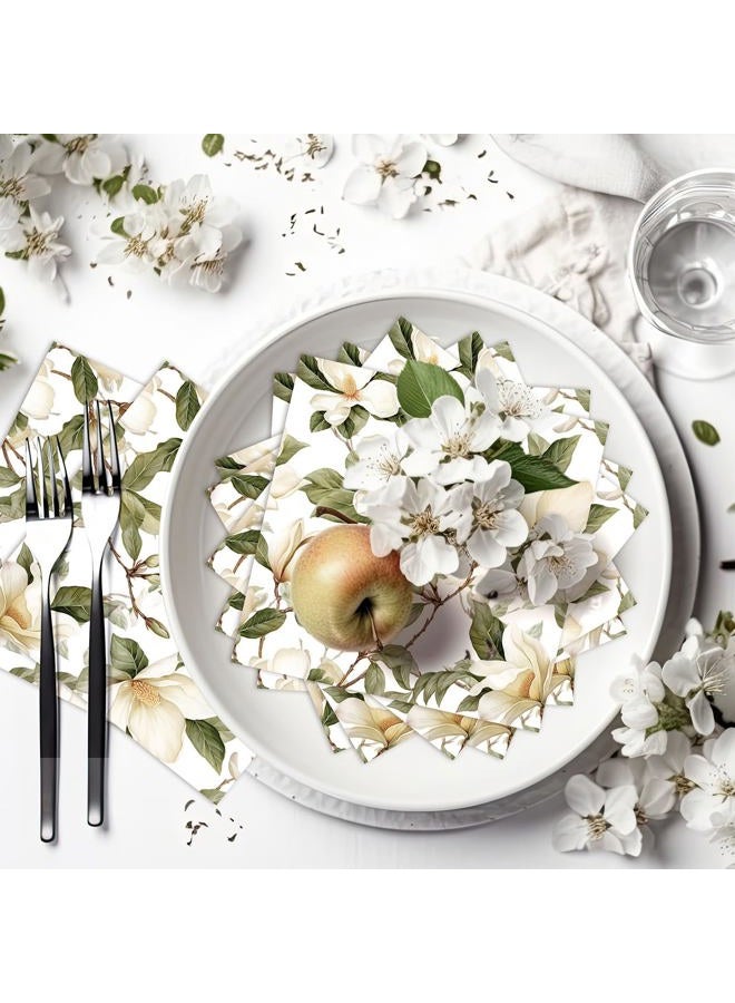Whaline 80Pcs Magnolia Paper Napkins White Floral Luncheon Napkin Watercolor Spring Flower Blossom Disposable Dessert Dinner Hand Napkin for Wedding Birthday Bridal Baby Shower Party Supplies - Image 4