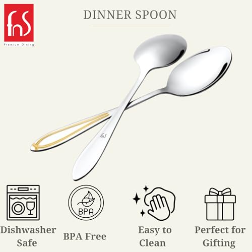 FnS Classic 24 Karat Gold Plated Stainless Steel Dinner Spoons (Set of 6) for Home, Dining and Kitchen - Image 4