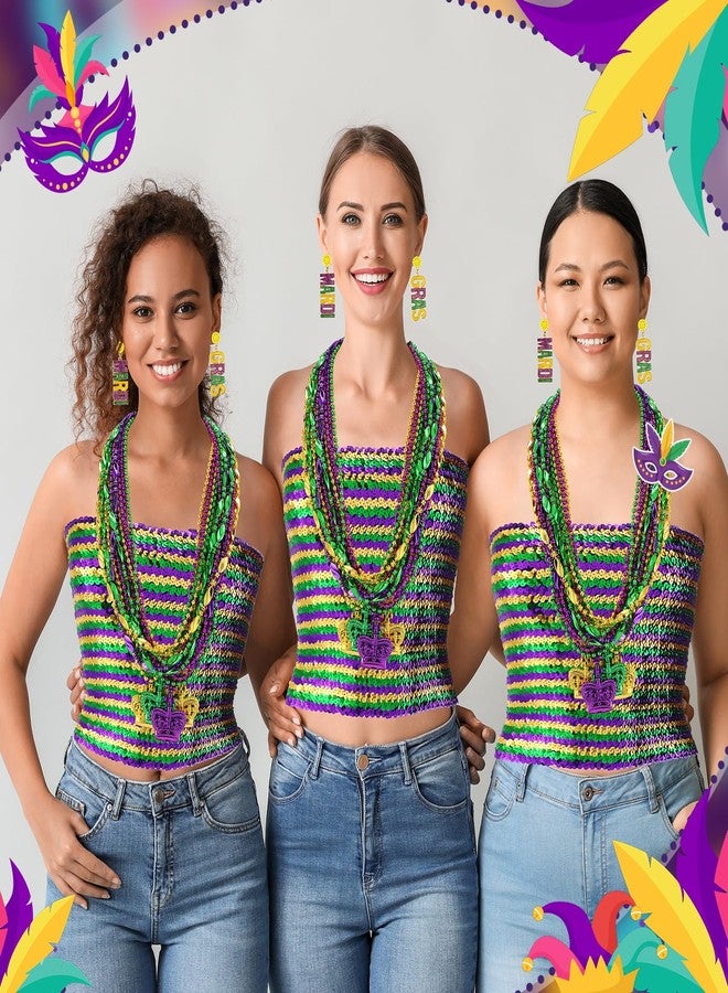 Civaner 14 Pcs Mardi Gras Costume Accessory Set Include 1 Sequin Tube Top 14 Pcs Mardi Gras Beads Necklaces and 1 Pairs Earrings for Carnival Parades Party Favor Women - Image 3