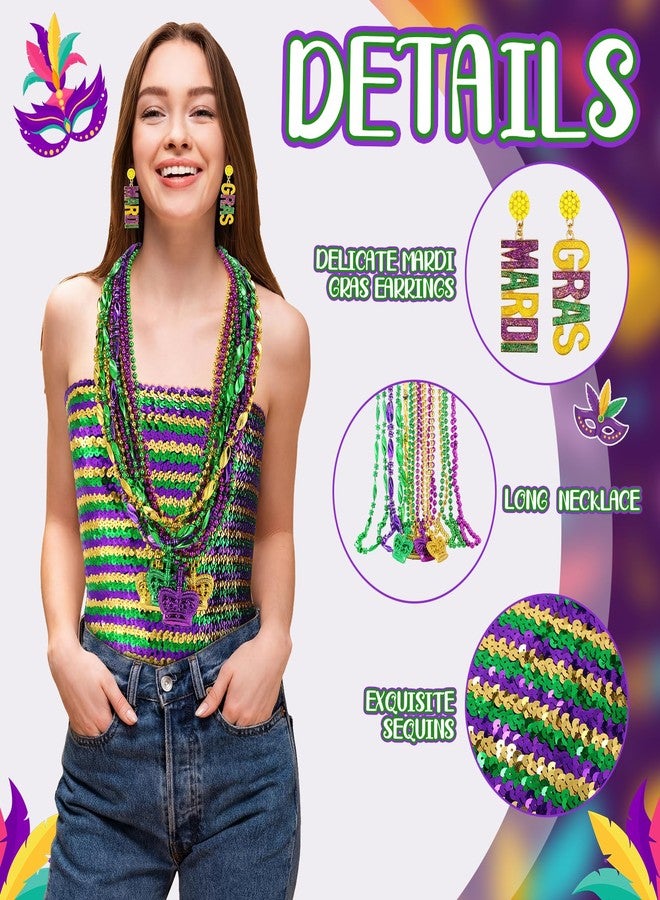 Civaner 14 Pcs Mardi Gras Costume Accessory Set Include 1 Sequin Tube Top 14 Pcs Mardi Gras Beads Necklaces and 1 Pairs Earrings for Carnival Parades Party Favor Women - Image 4