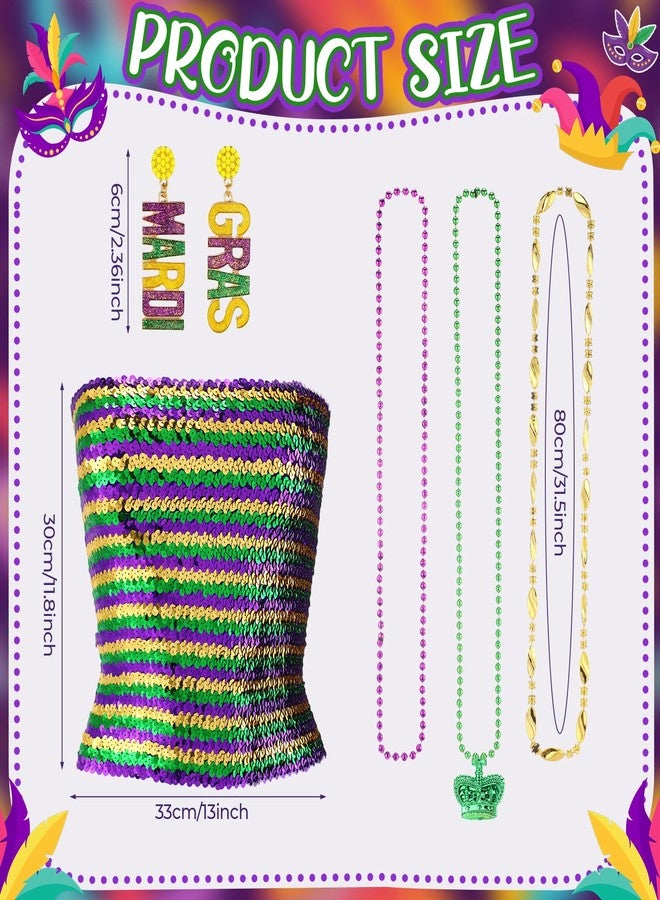 Civaner 14 Pcs Mardi Gras Costume Accessory Set Include 1 Sequin Tube Top 14 Pcs Mardi Gras Beads Necklaces and 1 Pairs Earrings for Carnival Parades Party Favor Women - Image 2