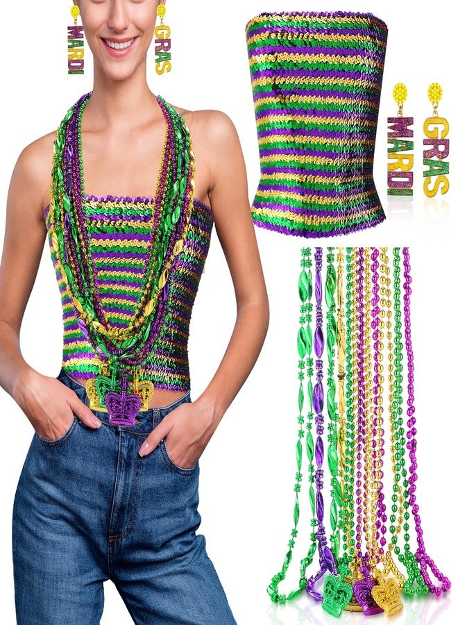 Civaner 14 Pcs Mardi Gras Costume Accessory Set Include 1 Sequin Tube Top 14 Pcs Mardi Gras Beads Necklaces and 1 Pairs Earrings for Carnival Parades Party Favor Women - Image 1