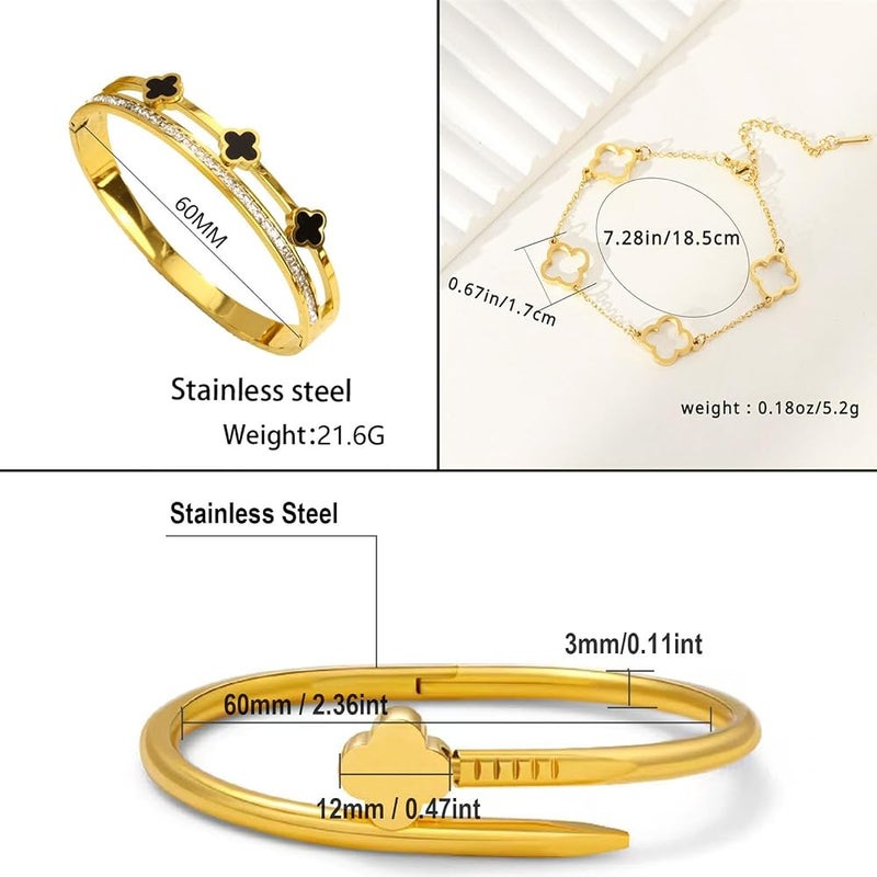 KASTWAVE Clover Bracelets for Women, Adjustable Stainless Steel Four Leaf Clover Nail Bracelet with 18K Gold Plating and Cubic Zirconia, Stackable Lucky Love Cuff Bangle, Birthday Gift for Women - Image 2