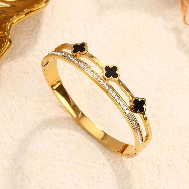 KASTWAVE Clover Bracelets for Women, Adjustable Stainless Steel Four Leaf Clover Nail Bracelet with 18K Gold Plating and Cubic Zirconia, Stackable Lucky Love Cuff Bangle, Birthday Gift for Women - Image 5