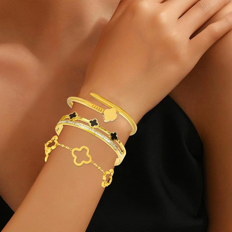 KASTWAVE Clover Bracelets for Women, Adjustable Stainless Steel Four Leaf Clover Nail Bracelet with 18K Gold Plating and Cubic Zirconia, Stackable Lucky Love Cuff Bangle, Birthday Gift for Women - Image 3